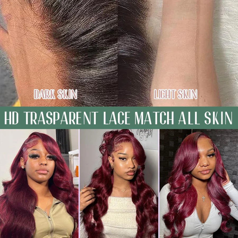 Body Wave Burgundy 40 Inches Long-length 200% High Density 13x6 13x4 HD Transparent Lace Frontal Wig Human Hair Wigs 99J Wine Red Pre Plucked Brazilian Hair For Women Khamik Shop Online