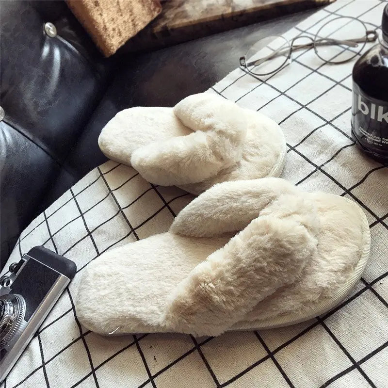 Cross Warm Fluffy Furry Slippers Women Lightweight Flat Heels Fur Slides Woman Autumn Winter Open Toe Non Slip Home Floor Shoes Khamik Shop Online