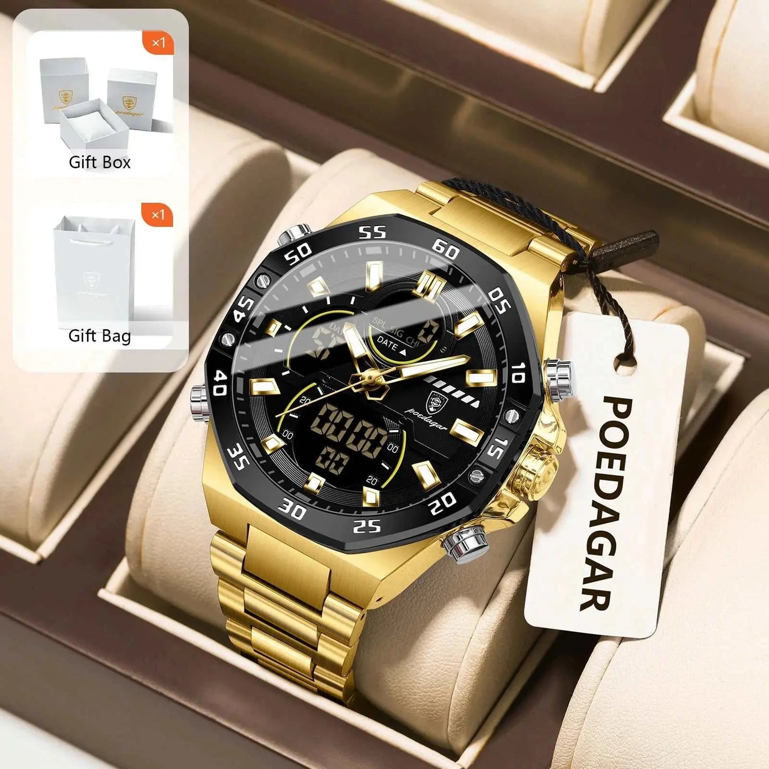 POEDAGAR Sport Men Watch LED Waterproof Week Date Digital Wristwatch Stainless Steel Quartz Military Men&