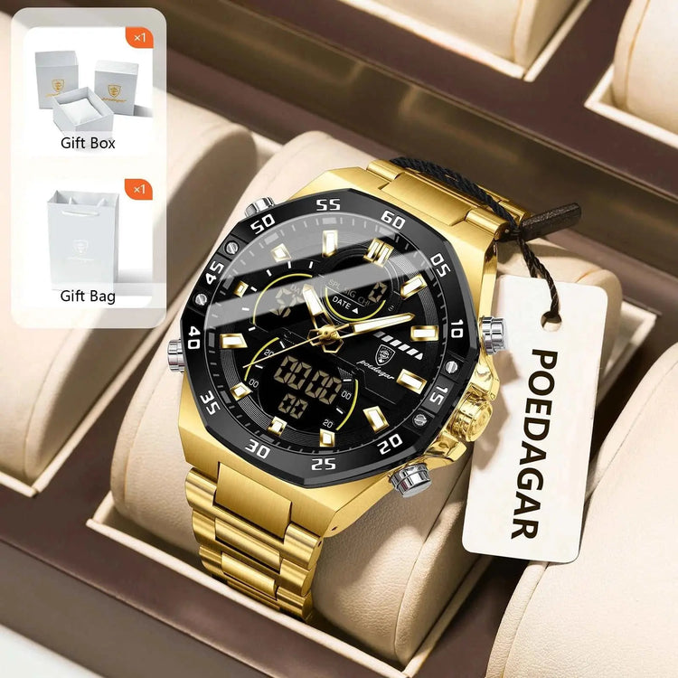 POEDAGAR Sport Men Watch LED Waterproof Week Date Digital Wristwatch Stainless Steel Quartz Military Men&
