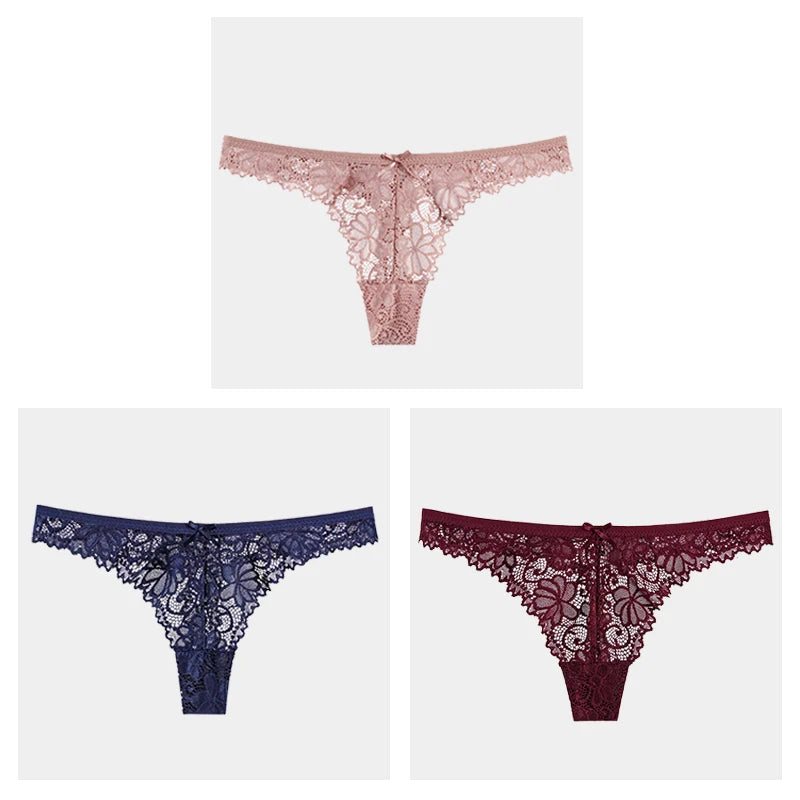 3Pcs/Lot Sexy Lace Thong Low Waist Lace Transparent Panties Women Hollow Out Breathable G String Briefs Bow Underwear Lingerie