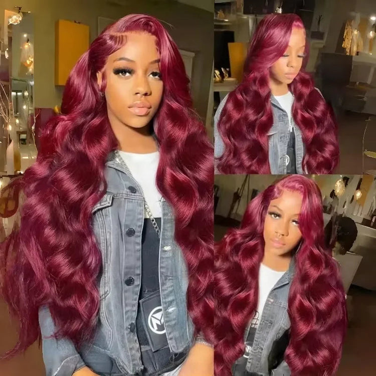 99J Burgundy Red 34 Inch Body Wave Lace Front Wigs 13x4 HD Transparent Human Hair Pre Plucked Dark Burgundy 99J Colored Wig 13x6 Lace  Wigs Pre-Plucked Body Wave Hairstyle For Women Khamik Shop Online