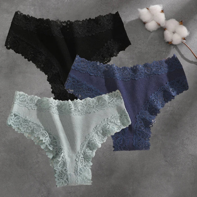 3Pcs Cotton Lace Patchwork Bikini Panties Women Seamless Floral Print Brazilian Pants Low Waist Breathable Female Sexy Lingerie Khamik Shop Online