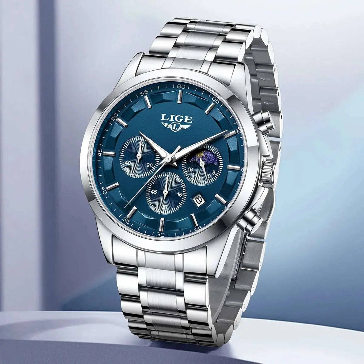 LIGE Luxury Fashion Quartz Man Watch Classic Business Auto Date Gentlemen Steel Band Moon Phase Waterproof Watches for Men Male Khamik Shop Online