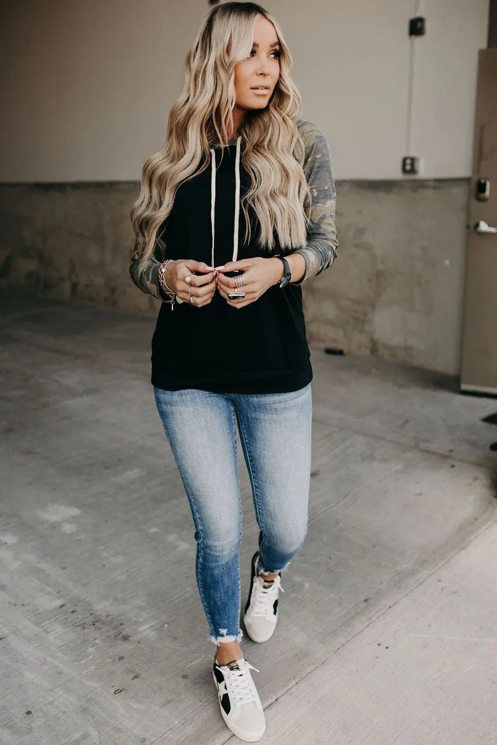 Camo Print Patchwork Hoodie Jade
