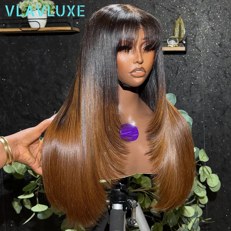 Ombre Colored Brown With Bang Layered 13x6 HD Transparent Lace Frontal Wig Bone Straight Glueless 300/400 Density Human Hair Wig Khamik Shop Online