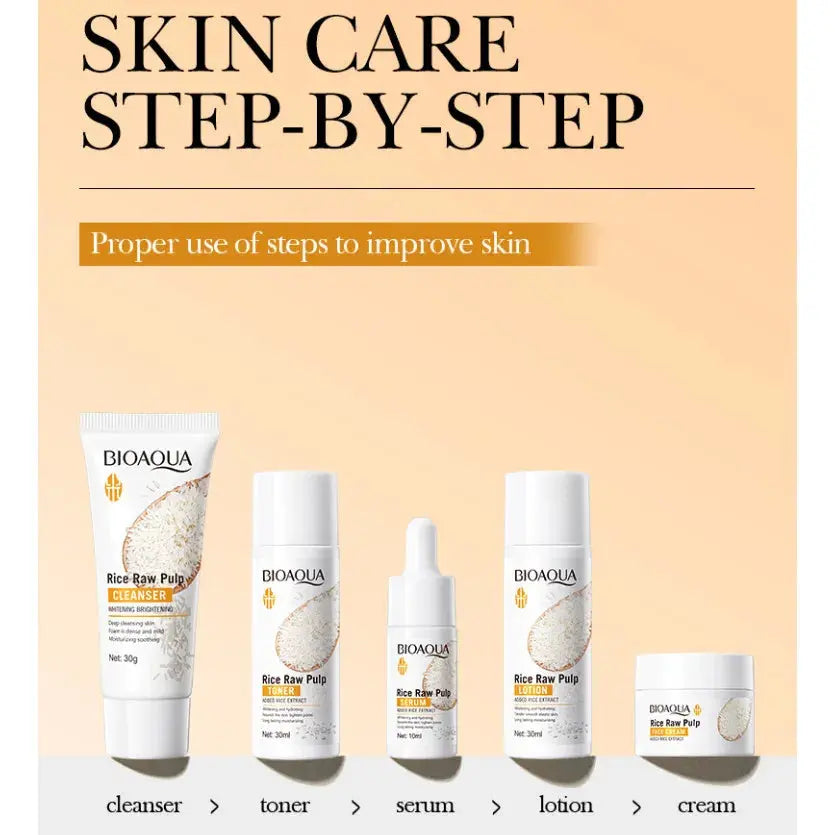 5Pcs BIOAOUA Rice Raw Whitening Set Brighten Hydrating Moisturize Soothing Facial Cleanser+Toner+Essence+Lotion+Cream Skincare
