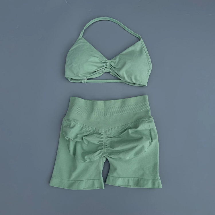 AURA SHARK Strappy Bra Gym Set Women High Support Thin Strap Seamless Halter Sports Scrunch Workout Yoga Set 2 Piece Khamik Shop Online