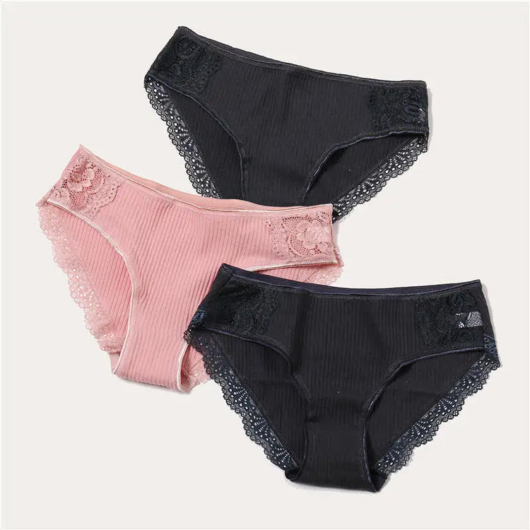 3PCS/Set 6 Color Women Panties Cotton Lace Briefs Solid Color for Female Striped Sexy Cotton Underwear Lingerie Low Waist Flower Khamik Shop Online