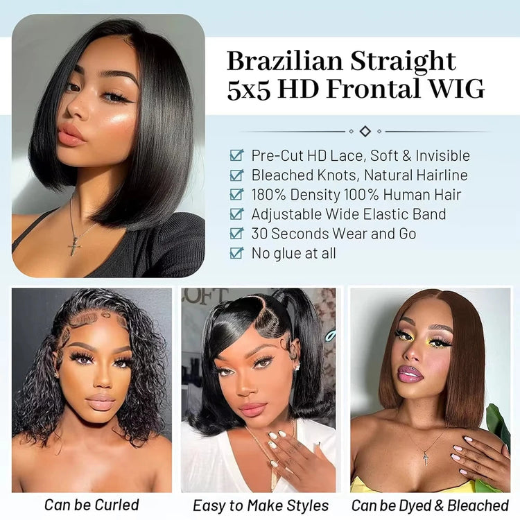 Glueless Wigs Human Hair Pre Plucked Wear and Go 5X5 Pre Cut HD Lace Closure Bob Wig Straight Short Bob Wig Human Hair for Women Khamik Shop Online