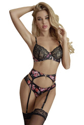 Print Lace Splicing Bralette Set with Garter Belts Jade