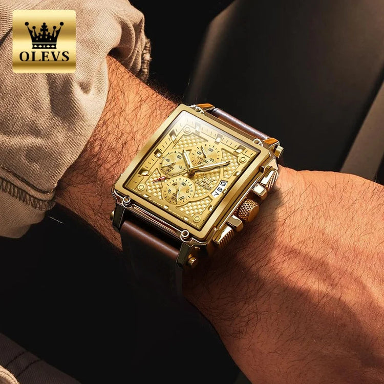 OLEVS brand mens watches waterproof Leather strap chronograph quartz watch for man date gold square dial genuine male wristwatch Khamik Shop Online