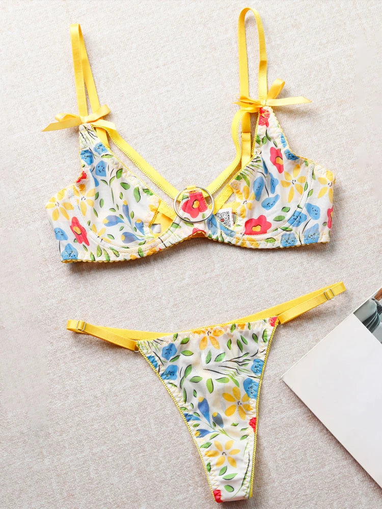 Women Bra and Briefs Sets Lace Flower Embroidery Sexy Perspective Underwire Erotic Lingerie Panty Two-Piece Underwear Set Khamik Shop Online