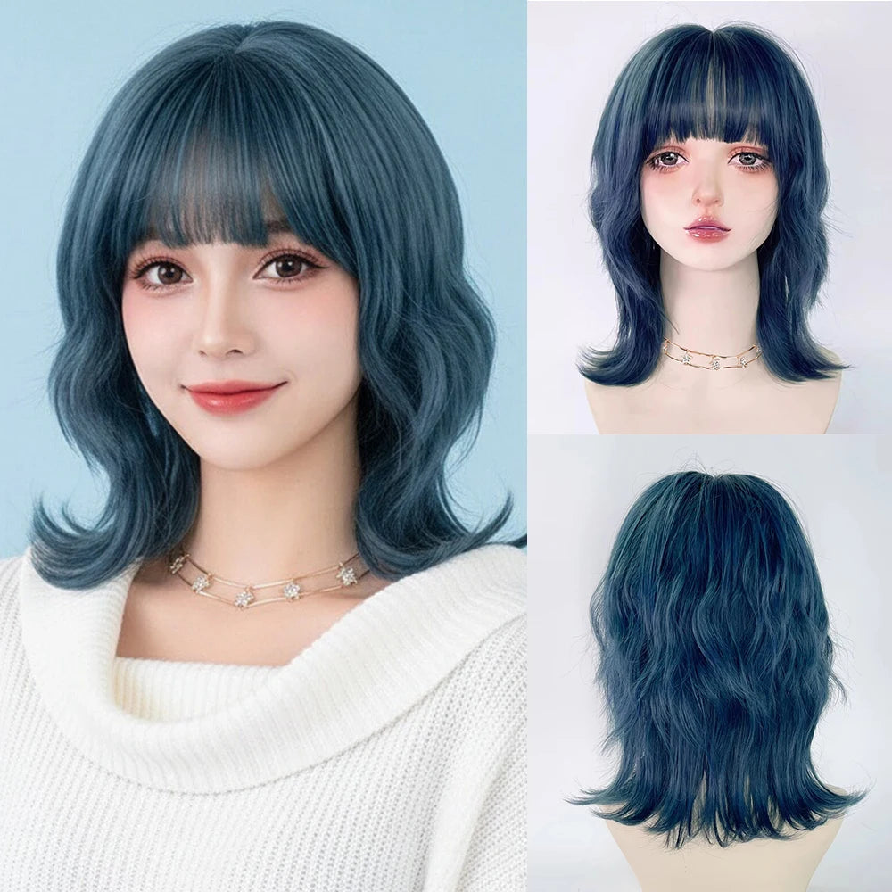 Synthetic Short Curly Blue Mullet Head Wig With Bangs Women Cosplay Anime Realistic Fake Hair For Daily Party Khamik Shop Online