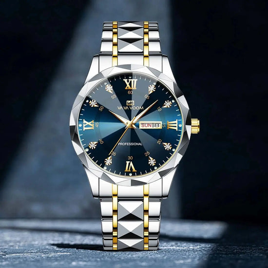 VA VA VOOM Hot Selling Original Blue Gold Quartz Watch Men Fashion High Quality Japanese Movement Gold Stainless Steel Fashion Clock Sports Gift Watch Men Rhombus Design Business Quartz Watch Men Fashion Gold Clock Sports Gift Watch for Men Khamik Shop Online