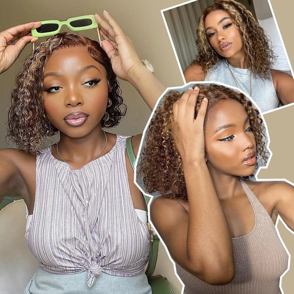 Highlight Honey Blonde Wear And Go Glueless Bob Wig Human Hair Curly Deep Wave Ombre Brown 5X5 Hd Lace Closure Wig 250 Density Khamik Shop Online