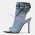 Summer Blue Denim Pointed-Toe Boots For Women Open-Toe Leather Belt Buckle Sandals Fashion Metal Pointed-Toe Zipper High Heels Khamik Shop Online