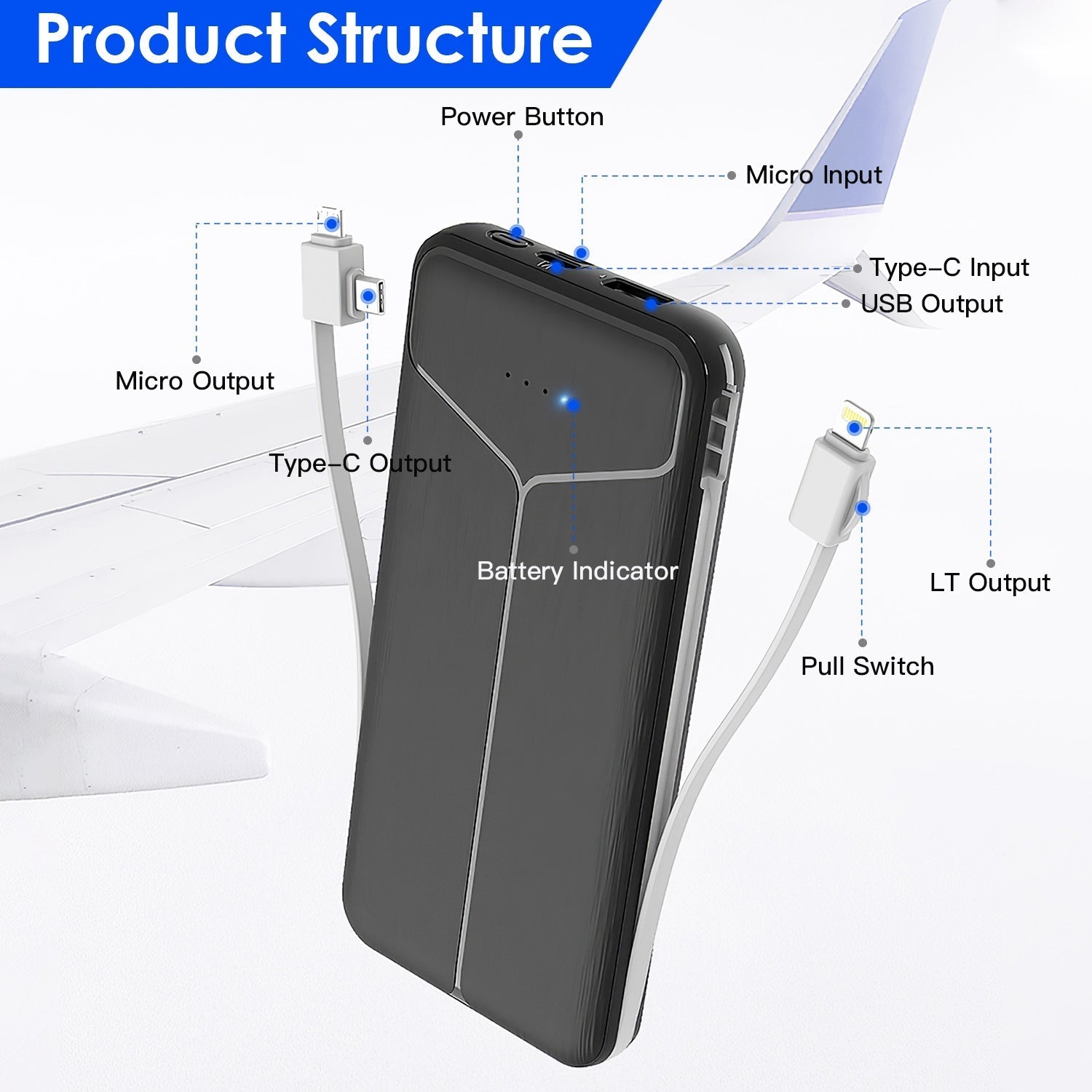 10000mAh Power Bank Portable Charger With US Plug 2 Built-in Cables Pear Daisy