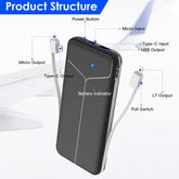 10000mAh Power Bank Portable Charger With US Plug 2 Built-in Cables Pear Daisy