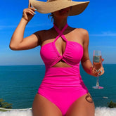 Women Swimsuit Halter Neck Solid Swimsuit Backless Waist Cinching Bathing Suit Ruched Bust High Cut Swimwear Black Woman Khamik Shop Online