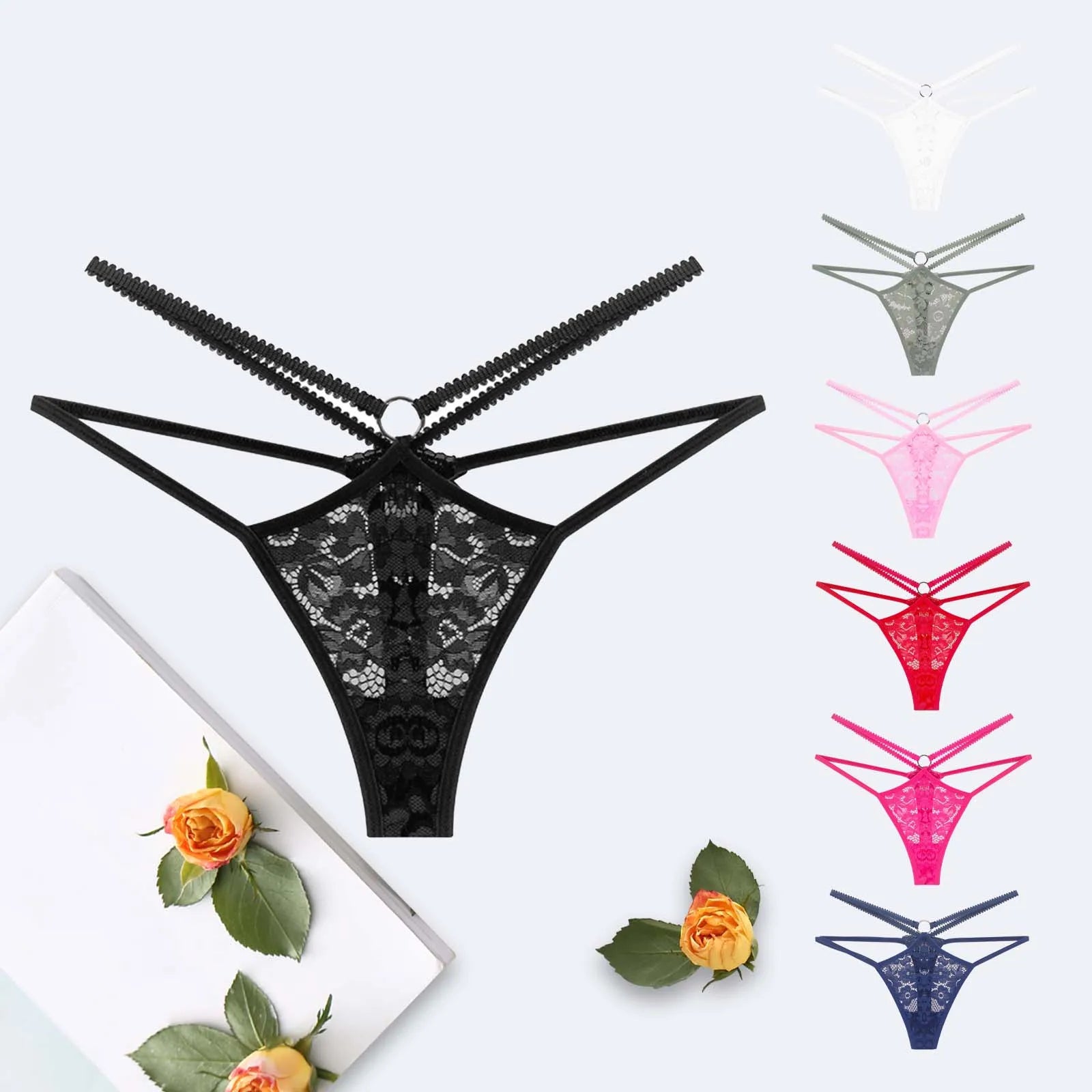 Women Strappy Hollow Briefs Underwear Ring Link Straps Low Rise Floral Lace Panties Ladies Translucent Sexy Underpants Lingerie