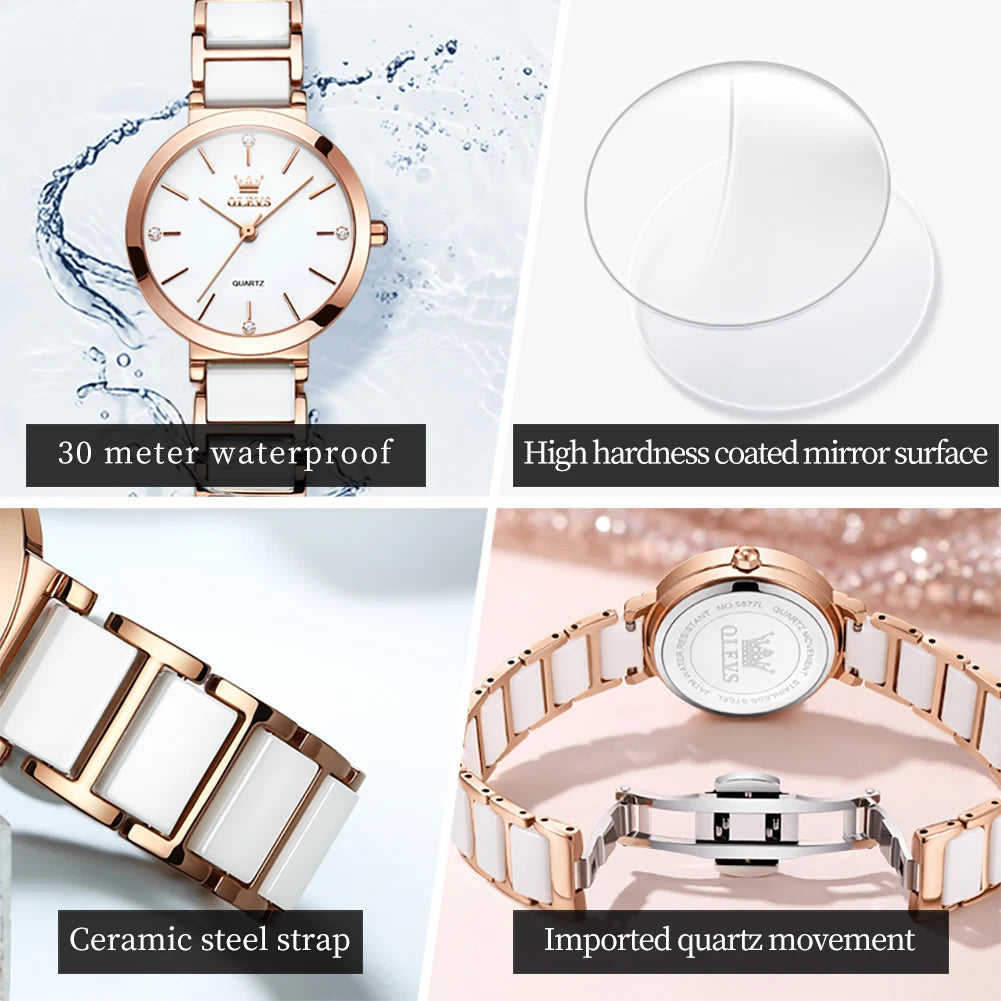 OLEVS Women Watch 5877 Luxury Elegant Quartz Watch Waterproof Luminous Ceramic Strap Ladies Watch Bracelet Set Gift Box Reloj Khamik Shop Online