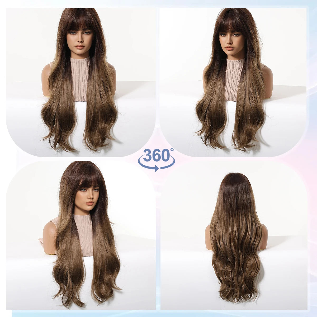 LOUIS FERRE Long Wavy Ombre Brown Wig with Bangs Synthetic Hair Wig Heat Resistant Daily Wear Office Party Cosplay Halloween Khamik Shop Online