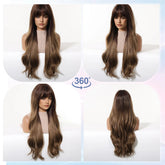 LOUIS FERRE Long Wavy Ombre Brown Wig with Bangs Synthetic Hair Wig Heat Resistant Daily Wear Office Party Cosplay Halloween Khamik Shop Online