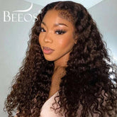 Ultra Fitted Dark Brown 13X6 HD Transparent Lace Full Frontal Wigs Human Hair Water Wave Colored Curly Wigs 100% Human Hair Remy Khamik Shop Online