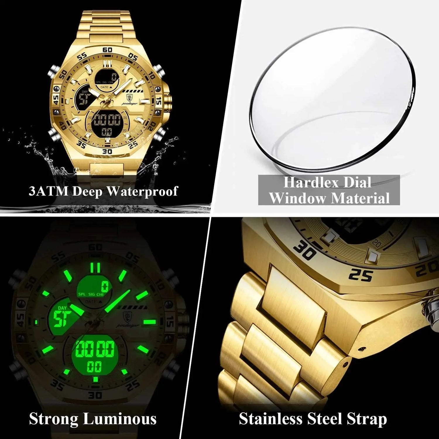 POEDAGAR Sport Men Watch LED Waterproof Week Date Digital Wristwatch Stainless Steel Quartz Military Men&