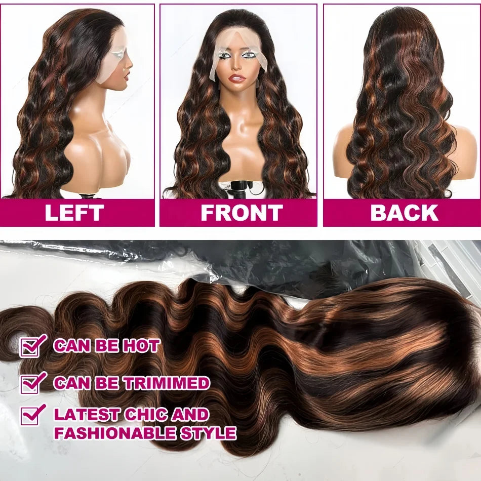 Highlight Body Wave 13x6 HD Omber Lace Front Human Hair Pre Plucked Wig 1B/30 Black Brown Colored Hair 13x4 HD Lace Frontal Wigs Khamik Shop Online