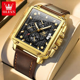 OLEVS brand mens watches waterproof Leather strap chronograph quartz watch for man date gold square dial genuine male wristwatch Khamik Shop Online