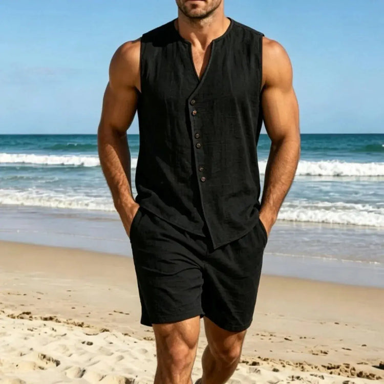 Men Simple Solid Linen Sleeveless Vest Shirt Shorts Set Summer Beach Casual Outfit Khamik Shop Online