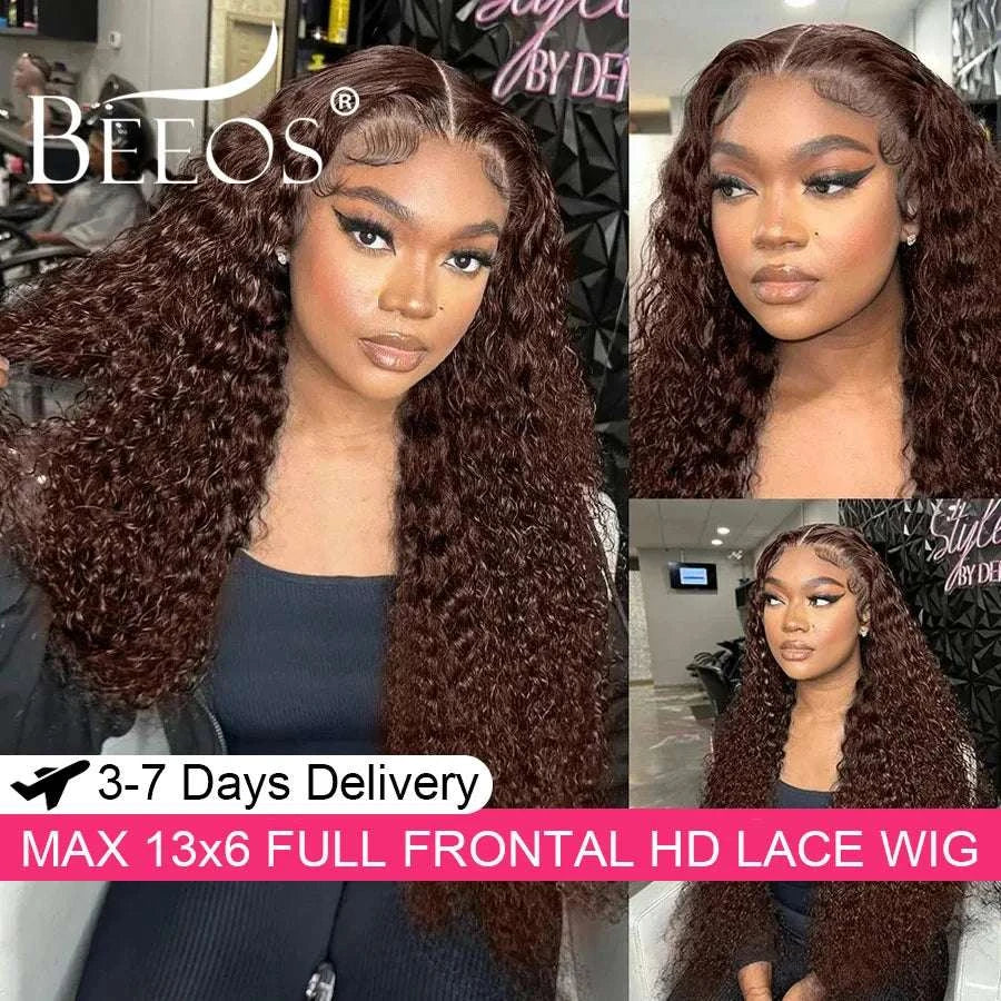 Ultra Fitted Dark Brown 13X6 HD Transparent Lace Full Frontal Wigs Human Hair Water Wave Colored Curly Wigs 100% Human Hair Remy Khamik Shop Online