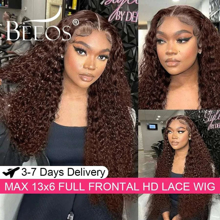 Ultra Fitted Dark Brown 13X6 HD Transparent Lace Full Frontal Wigs Human Hair Water Wave Colored Curly Wigs 100% Human Hair Remy Khamik Shop Online