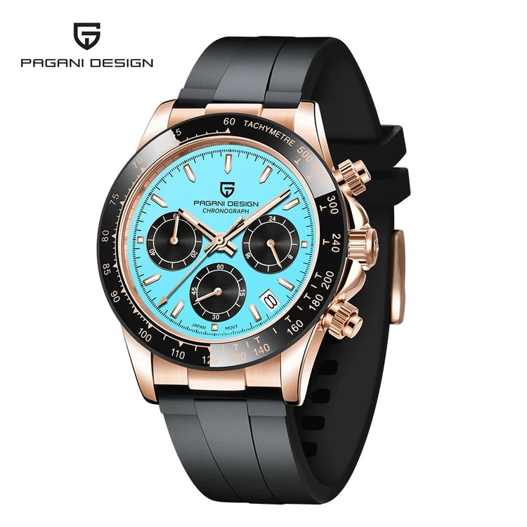 PAGANI DESIGN Men Quartz Chronograph Watch RoseGold Case Black Ceramic Bezel Brown Dial Rubber Strap Waterproof Sports watch+box Khamik Shop Online