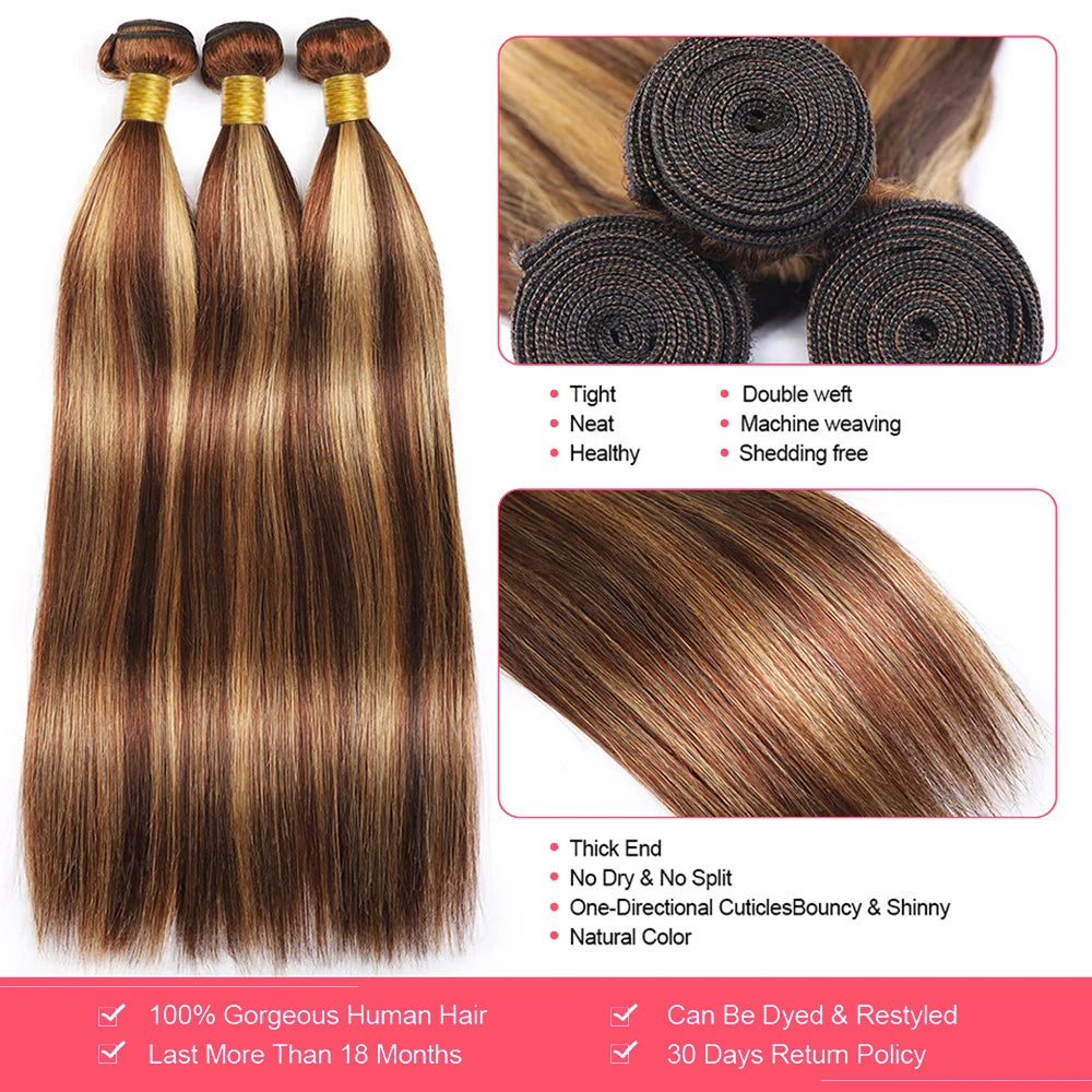 Highlight  P4/27 Straight Bundles Human Hair For Women Brown Blonde Hair Bundles Deal Colored Human Hair Weave Bundles Extension Khamik Shop Online