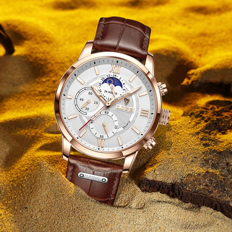 2026  Watches Mens Top Brand Luxury Clock Casual Leathe 24Hour Moon Phase Men Watch Sports Waterproof Quartz Chronograph+Box