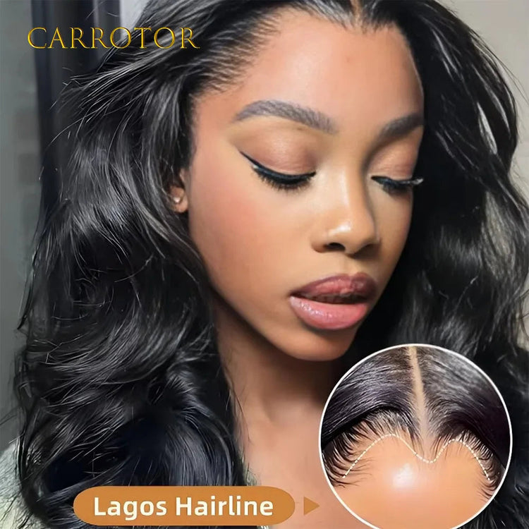 New Trend Lagos Hairline Body Wave 250% Natural Black Color 13x4 Lace Frontal Glueless Wigs Human Hair Pre Plucked Woman Wigs Khamik Shop Online