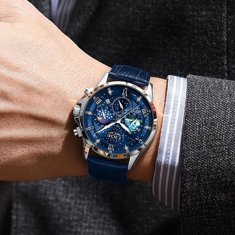 2024  Men'S Watch Luxury Waterproof Male Clock Moon Phase Date Casual Blue Leather Quartz Chronograph Men'S Wristwatch Reloj