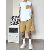 Men Patch Pocket Sleeveless Tank Top Loose Ice Silk Shorts Set Trendy Casual Summer Two Piece Outfit Khamik Shop Online