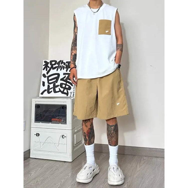 Men Patch Pocket Sleeveless Tank Top Loose Ice Silk Shorts Set Trendy Casual Summer Two Piece Outfit Khamik Shop Online