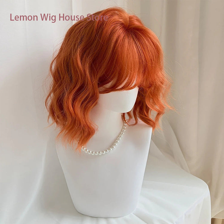 Short Wavy Orange Wig with Bangs 12inch Curly Hair Lolita High Quality Synthetic Wigs for Women Daily Cosplay Wig Heat Resistant Khamik Shop Online
