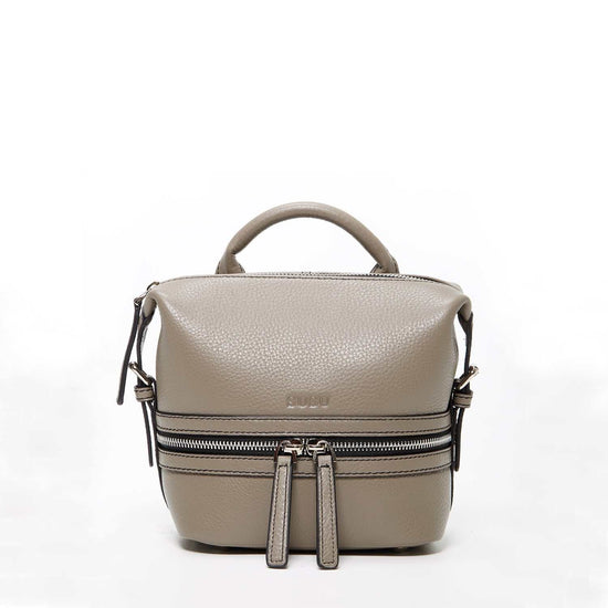 Sac à dos cuir gris convertible pour femme avec fermetures éclair argentées et intérieur turquoise