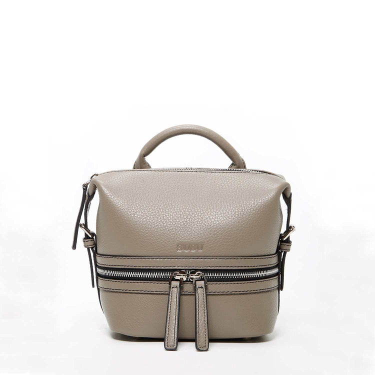 Sac à dos cuir gris convertible pour femme avec fermetures éclair argentées et intérieur turquoise
