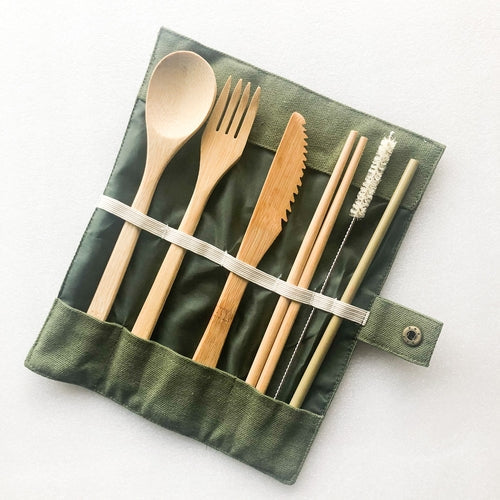 Bamboo Cutlery Set | Zero Waste Reusable | Washable Organic Cotton Ruby Caeneus