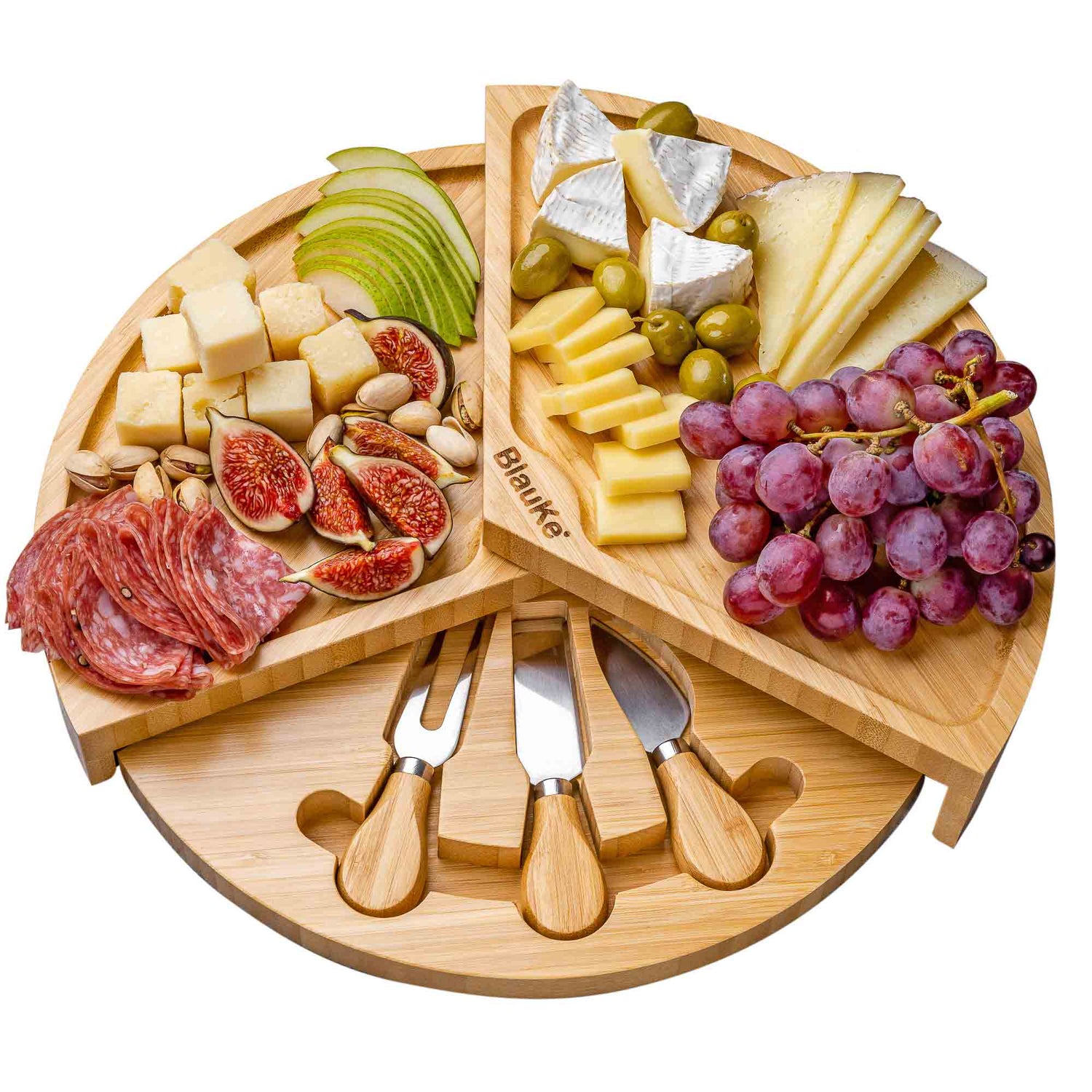 Bamboo Cheese Board and Knife Set - 14 Inch Swiveling Charcuterie Jade Danae