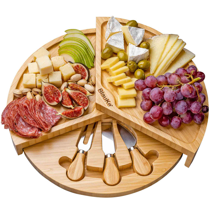 Bamboo Cheese Board and Knife Set - 14 Inch Swiveling Charcuterie Jade Danae