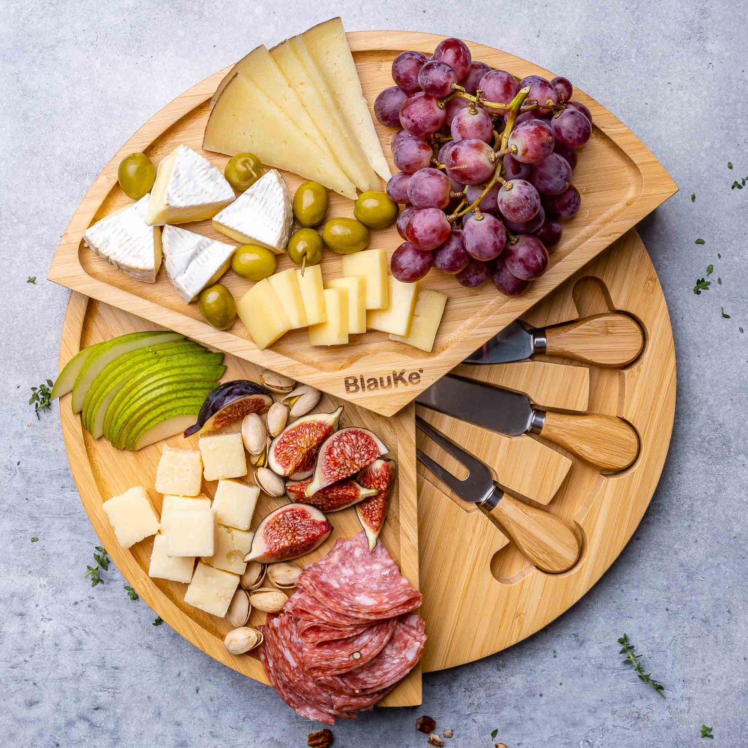 Bamboo Cheese Board and Knife Set - 14 Inch Swiveling Charcuterie Jade Danae