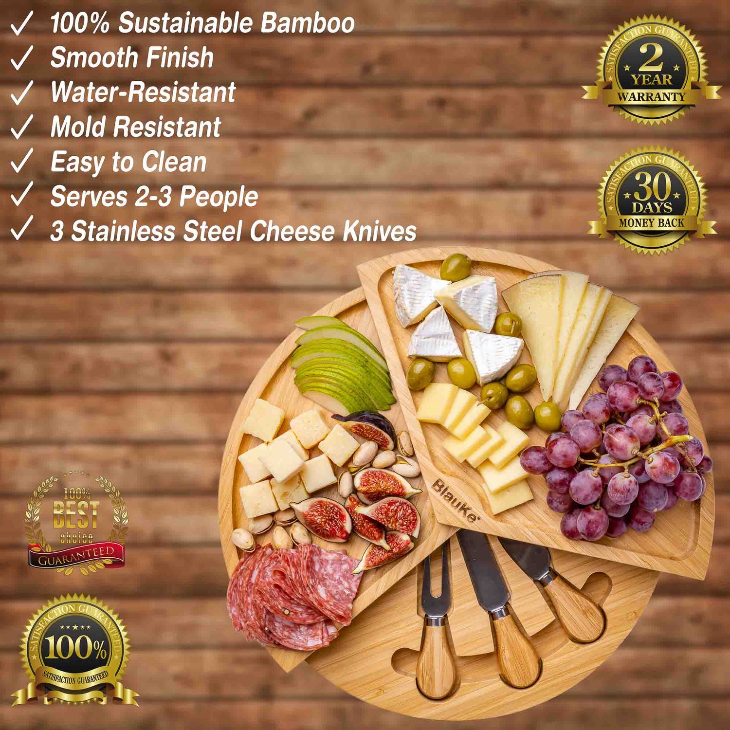 Bamboo Cheese Board and Knife Set - 14 Inch Swiveling Charcuterie Jade Danae